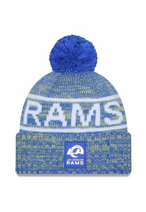 Bonnet en tricot bleu, vert et blanc. Présente un pompon bleu sur le dessus, un bandeau "RAMS" blanc et un écusson de logo avec un fond bleu.