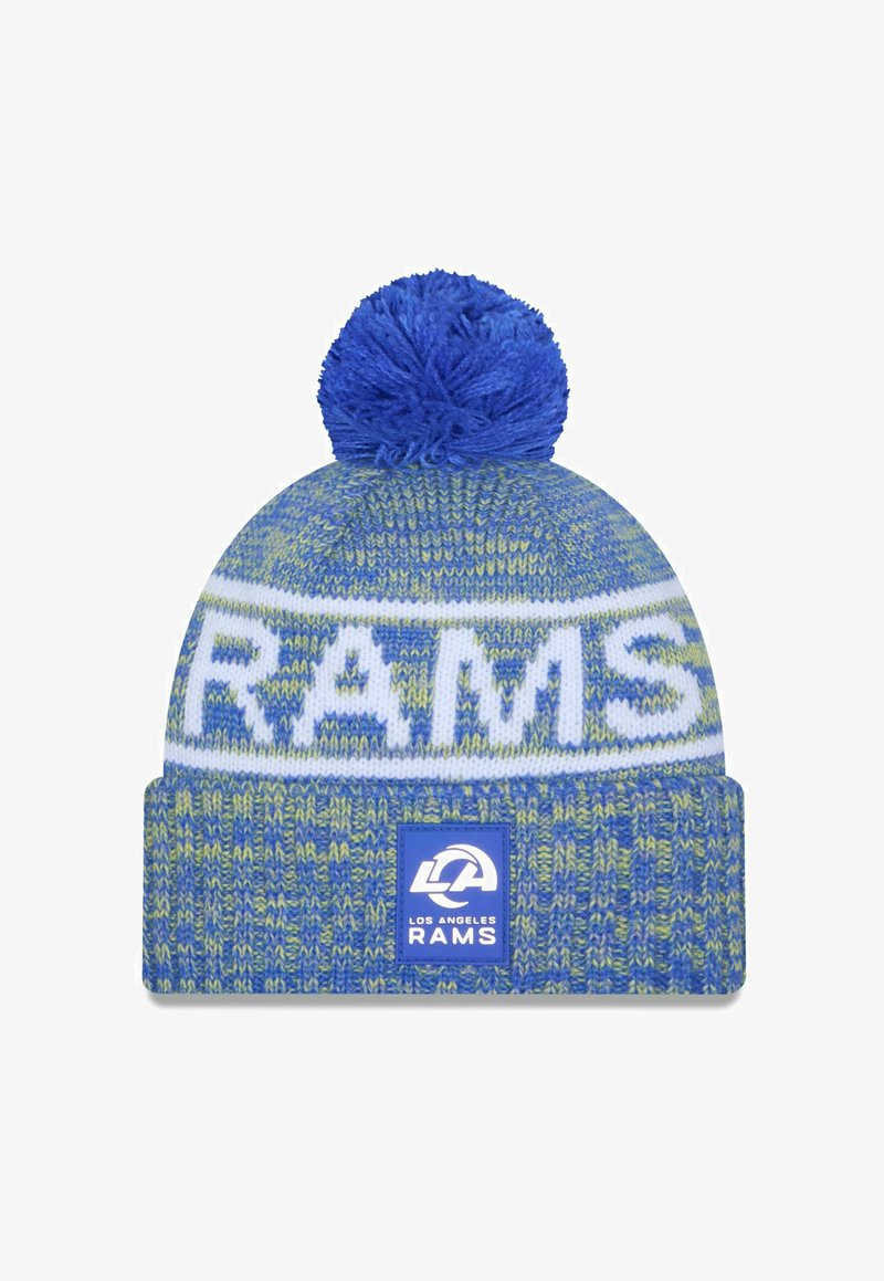 Berretto lavorato a maglia in blu, verde e bianco. Presenta un pom-pom blu sulla parte superiore, una fascia bianca con la scritta "RAMS" e una toppa con logo su sfondo blu.