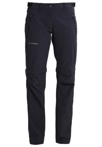 Pantalon d'extérieur convertible noir avec jambes amovibles zippées, poches zippées, languettes de réglage à la taille et logo Vaude sur la cuisse gauche.
