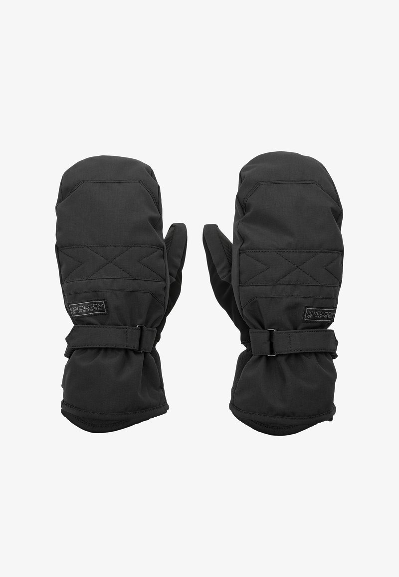 Moufles isolantes noires avec sangles ajustables au poignet et patchs logo, conçues pour protéger par temps froid.