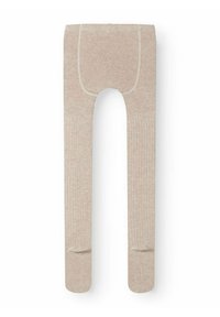 Beige strumpbyxor med ribbat mönster, med en sömlös överdel och platta sömmar, designade för komfort och lättanvändning.