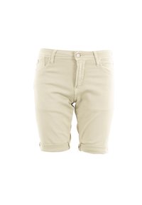 Beige shorts gemaakt van een gladde katoenmix, met een opgerolde zoom, knoopsluiting en een traditionele vijf-pocket ontwerp.