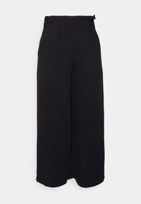 Breda byxor i svart tyg med elastisk midja och slät yta. Inga ytterligare mönster eller dekorationer finns.