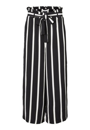 Schwarz-weiße, vertikal gestreifte, weit geschnittene Hose mit Paperbag-Bund und Stoffgürtel, der vorne zu einer Schleife gebunden ist.