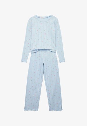 Jasnoniebieski zestaw piżamowy wykonany z miękkiej, żebrowanej tkaniny, ozdobiony małymi różowymi kwiatowymi wzorami. Zawiera bluzę z długim rękawem oraz pasujące spodnie.