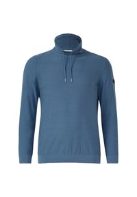 Maglione di maglia blu a maniche lunghe con collo alto e coulisse regolabili, polsini e orlo a coste, mostrato su uno sfondo bianco.