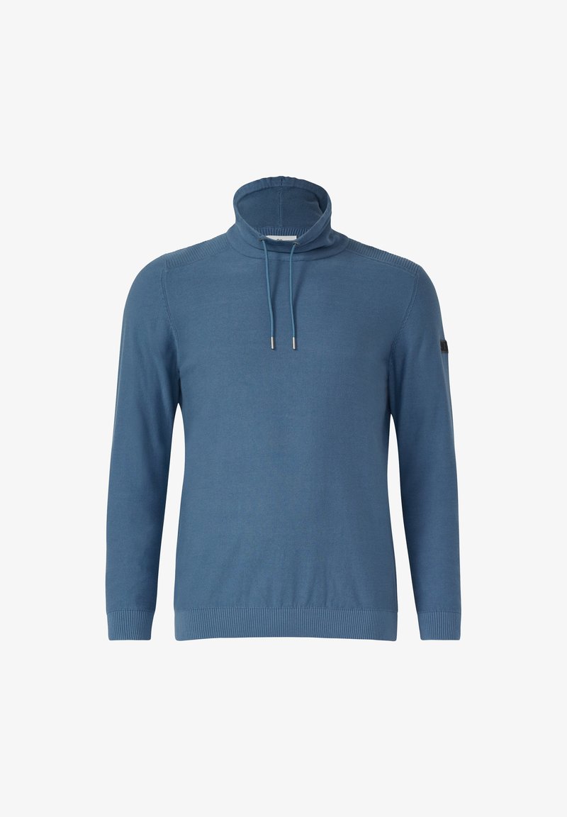 Maglione di maglia blu a maniche lunghe con collo alto e coulisse regolabili, polsini e orlo a coste, mostrato su uno sfondo bianco.