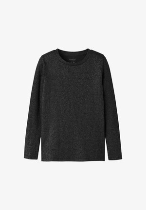 Schwarzer Pullover mit langen Ärmeln und rundem Ausschnitt, aus einem strukturierten Strickstoff mit einem dezenten metallischen Glanz.