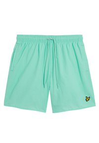 Pantaloni da bagno verde menta realizzati in un materiale leggero, dotati di una vita elasticizzata, cordoncino e un logo a forma di farfalla nera sulla gamba.
