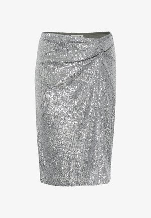 Minigonna argentata con paillettes e design avvolgente, caratterizzata da una texture liscia e una silhouette aderente. Decorata con paillettes scintillanti.