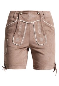 Zachte bruine suède shorts met decoratieve borduursels, contrasterende bies en zijstrikjes. Heeft zakken en een gestructureerde tailleband.