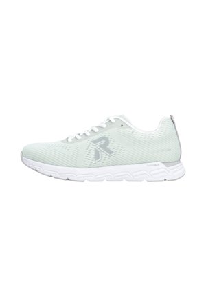 Chaussure de course en mesh gris clair avec semelle blanche, lacets blancs, logo gris sur le côté et amorti foamtech visible sur le bord de la semelle.