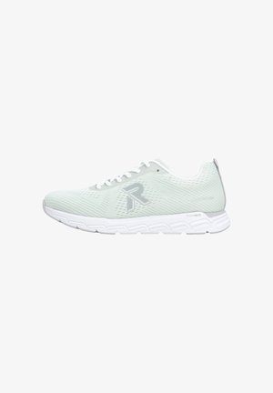 Chaussure de course en mesh gris clair avec semelle blanche, lacets blancs, logo gris sur le côté et amorti foamtech visible sur le bord de la semelle.