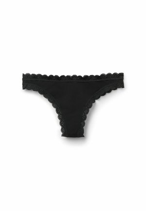 Tanga negro con un delicado encaje ondulado a lo largo de la cinturilla y las aberturas de las piernas. Tejido suave con una textura lisa, que presenta un diseño minimalista.