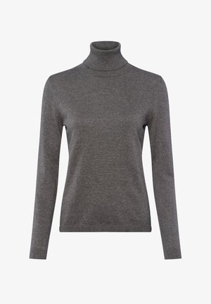 Grauer Rollkragenpullover aus geripptem Stoff, mit langen Ärmeln und taillierter Passform. Schlichte Textur ohne Muster oder Verzierungen.