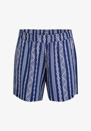 Námořnické modré šortky s bílými geometrickými vzory, s elastickým pasem a volným střihem. Vyrobeny z lehkých materiálů.