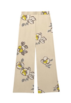 Beige bukser med vide ben og elastisk talje, prydet med store abstrakte blomsterprint i gul, grå og brun.