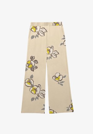 Beige wide-leg pants with elastic waistband, featuring large abstract floral prints in yellow, gray, and brown.