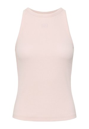Bez rukávov, rebrovaný, svetloružový top s vysokým golierom a malým vyrazeným logom uprostred vpredu pri výstrihu.