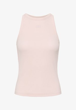 Bez rukávov, rebrovaný, svetloružový top s vysokým golierom a malým vyrazeným logom uprostred vpredu pri výstrihu.