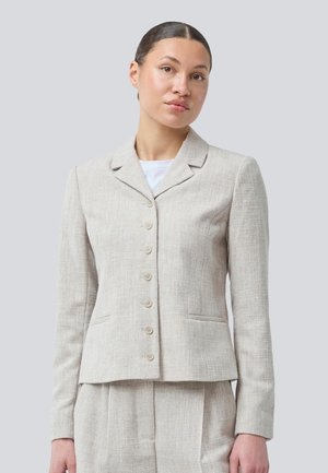 Lys beige blazer laget av teksturert stoff, med notched krage, seks knappelukking og to frontlommer.