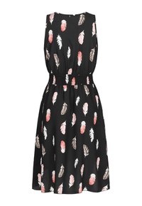 Czarna sukienka bez rękawów z marszczonym w pasie, ozdobiona wzorem różowych i białych piór. Lekka tkanina o zwiewnym kroju.