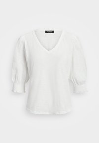 Weißes V-Ausschnitt-T-Shirt mit kurzen Puffärmeln, das mit gerafften Details an den Ärmelbündchen verziert ist. Hergestellt aus einem leichten, strukturierten Stoff.