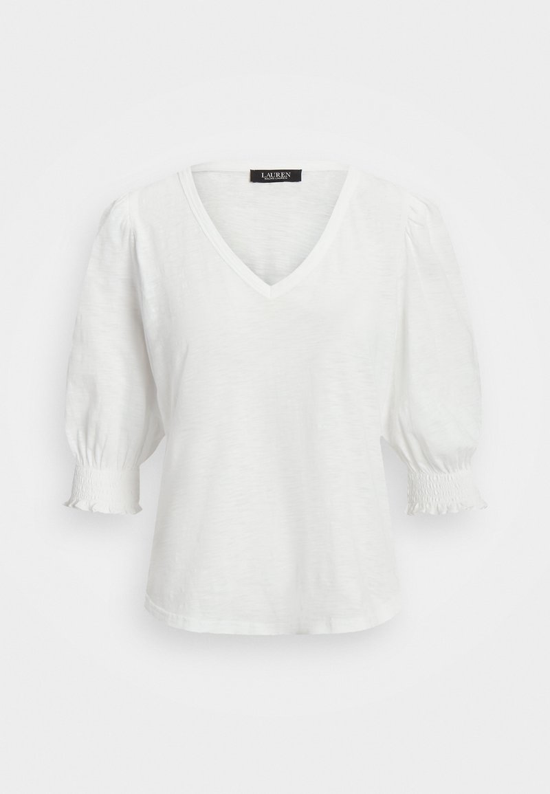 Weißes V-Ausschnitt-T-Shirt mit kurzen Puffärmeln, das mit gerafften Details an den Ärmelbündchen verziert ist. Hergestellt aus einem leichten, strukturierten Stoff.