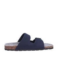 Infradito blu navy con tomaia in rete, suola intermedia in sughero e suola esterna in gomma. Presenta due cinturini aperti per la ventilazione e una soletta testurizzata.