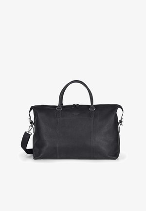 Sort læder rejsetaske med to topgreb, aftagelig skulderrem, lynlåslukning og tekstureret overflade; har prægede logo.