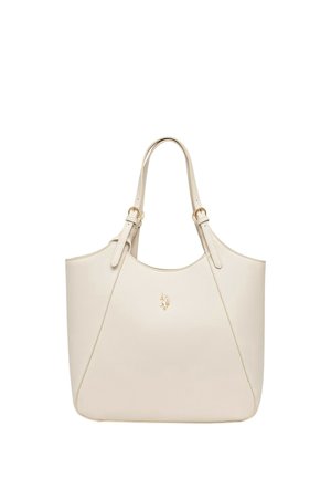 Crèmekleurige leren tote bag met dubbele handvatten, gouden gespen details en een klein gouden embleem aan de voorkant in het midden.