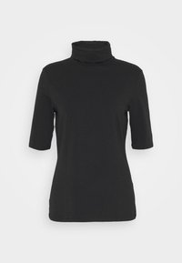 Maglietta nera a collo alto con maniche corte, realizzata in tessuto morbido, con colletto ripiegato e silhouette aderente. Senza motivi né decorazioni.