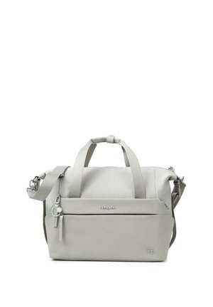 Borsa da viaggio Hedgren grigio chiaro con doppie maniglie, tracolla removibile, tasca frontale con zip e piccoli dettagli logo in metallo.