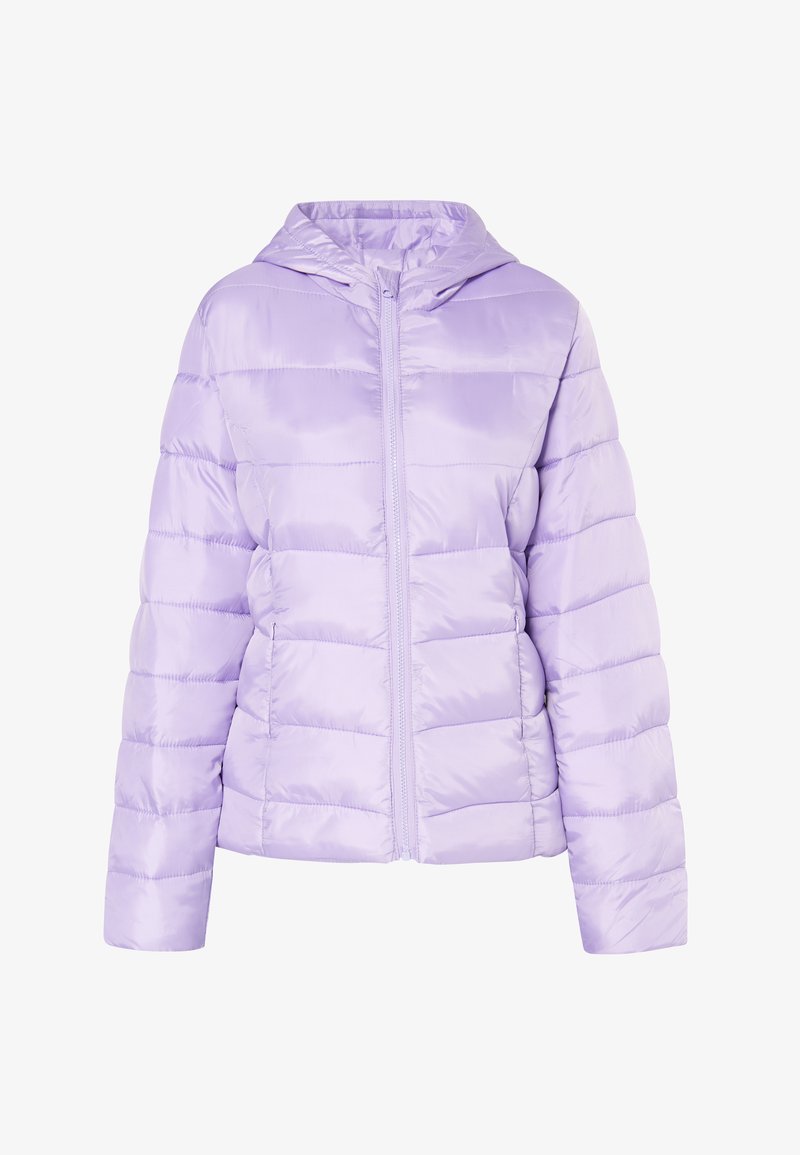 Levandų pūkuotas švarkas su užtrauktuku, gobtuvu ir horizontaliais siuvinėjimais. Pagamintas iš lygaus, blizgaus paviršiaus, su ilgomis rankovėmis.