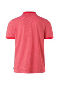 Röd kortärmad polo med randig textur. Har en enfärgad röd krage och ärmslut, lätt tyg och avslappnad passform.