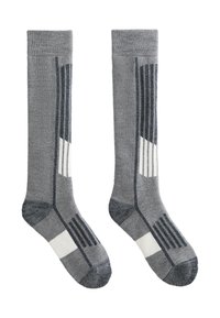 Szare skarpetki do kolan z teksturowanym wzorem oraz białymi i ciemnoszarymi paskami. Wykonane z miękkiego, trwałego materiału.