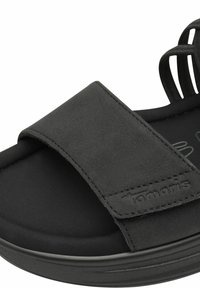 Black sandal with a wide textured strap, soft fabric lining, and a thick, cushioned sole, featuring a logo embossed on the side.