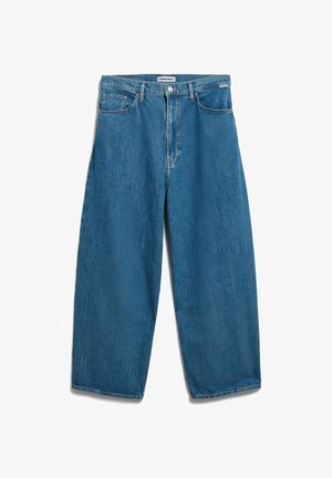 Blauwe spijkerbroek met wijde pijpen, hoge taille, lussen voor een riem, knoopsluiting aan de voorkant, ritssluiting en voor- en achterzakken.