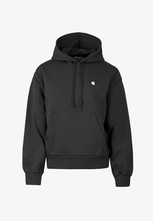 Schwarzer Kapuzenpullover mit Fronttasche, Kordelzug, gerippten Bündchen und Saum sowie kleinem weißem Logo auf der linken Brust.