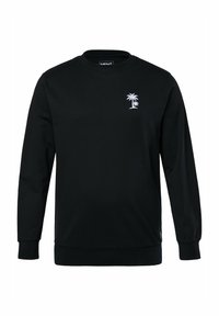 Sudadera negra de algodón con mangas largas, puños y dobladillo de canalé, que presenta un diseño bordado de palmera blanca en el pecho.