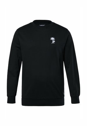 Sudadera negra de algodón con mangas largas, puños y dobladillo de canalé, que presenta un diseño bordado de palmera blanca en el pecho.