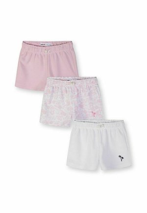 Trzy pary szortów dziecięcych na elastycznym pasie w kolorach różowym, białym z kwiatowym wzorem oraz gładkim białym z małym haftem palmy.