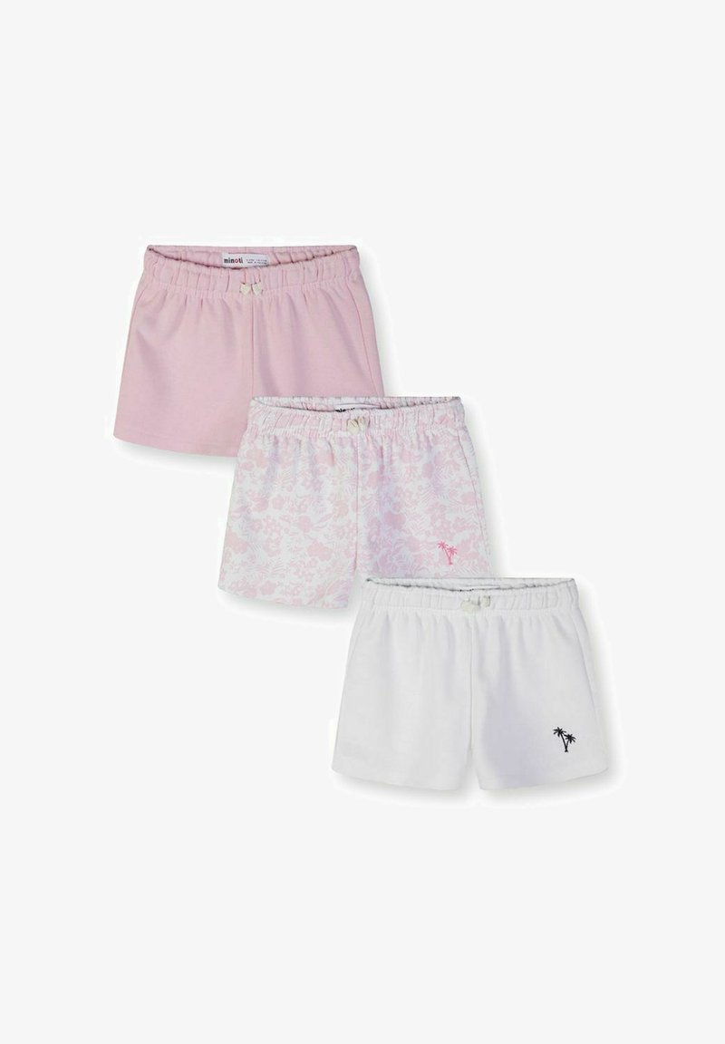 Trois paires de shorts pour enfants à taille élastique en rose, blanc avec motif floral, et blanc uni avec une petite broderie de palmier.