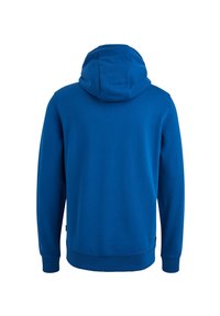 Blue hooded sweatshirt with a soft texture, featuring long sleeves, ribbed cuffs, and a kangaroo pocket. Smooth fabric with no visible logos.