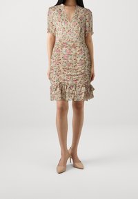 Robe fleurie avec un décolleté en V, des manches courtes et une texture froncée. Elle présente un ourlet volanté et des couleurs douces, principalement roses, beiges et vertes.