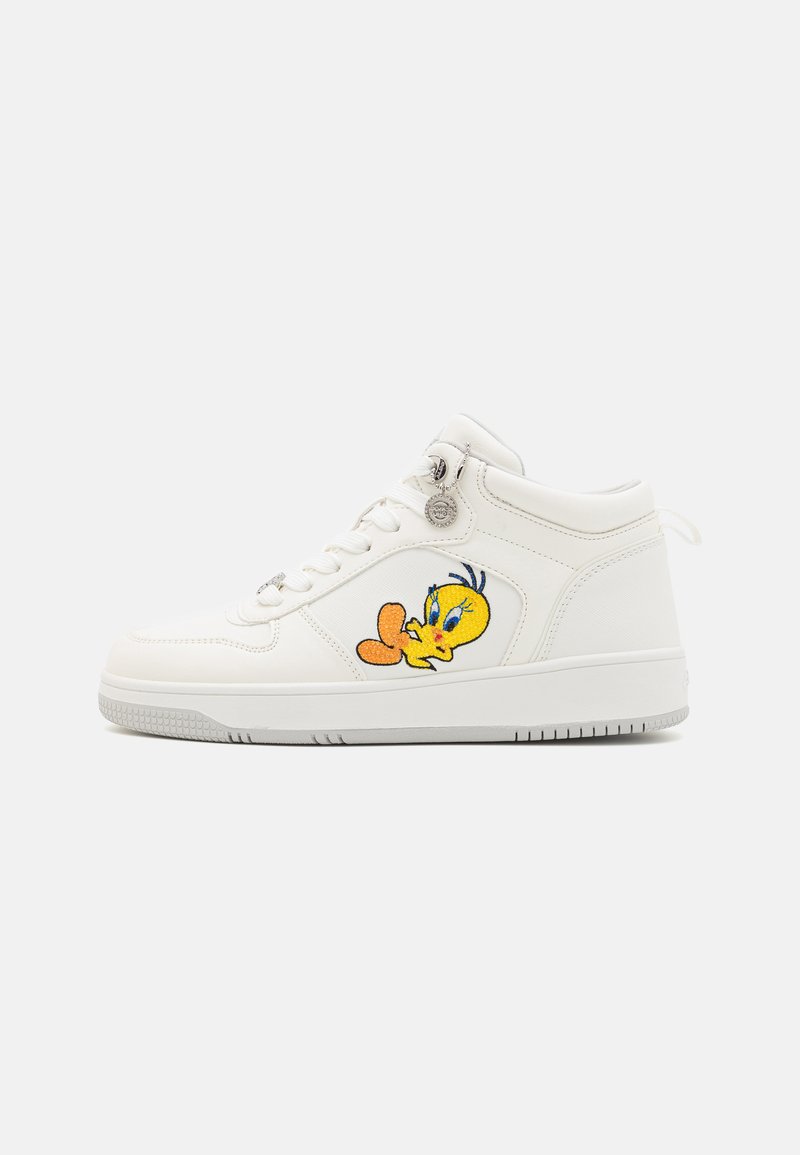 White high-top sneakers made of synthetic material, featuring an embroidered Tweety Bird design on the outer side and a textured rubber sole.