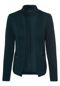 Blazer vert foncé ajusté en tissu texturé. Il présente un col montant, deux poches avant et une doublure intérieure lisse.