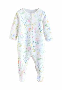 Valge beebikombekas pastelselt lille- ja lehemustritega, pika varrukaga, jalapoolikutega ja ees trukkidega.