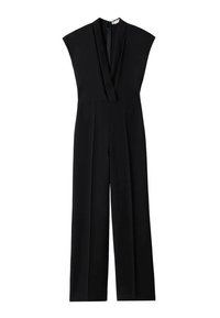 Zwarte jumpsuit met een diepe V-hals, korte cap mouwen en wijde broekspijpen. Gemaakt van een gladde stof met een verborgen ritssluiting aan de achterkant.