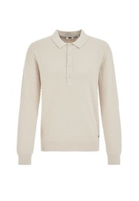 Pull beige en maille avec manches longues, col polo, patte de boutonnage à cinq boutons, motif texturé et poignets et ourlet côtelés.